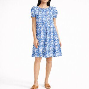 The Fox and the Mermaid Blue Block Print Ruffle Sleeve Coastal Cotton Dress